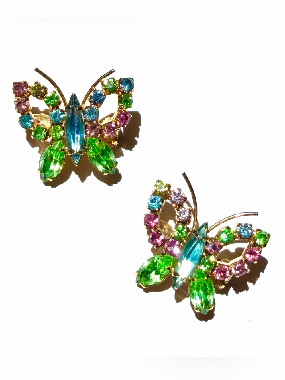 Vintage BUTTERFLY BROOCH PAIR Set Rhinestone Colorful Lapel Pin Fruit Salad